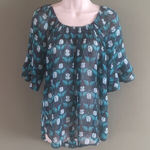 Ricki's Smocked Neckline Ruffled Flutter Sleeve Sz M Sheer Top On  Off Shoulder